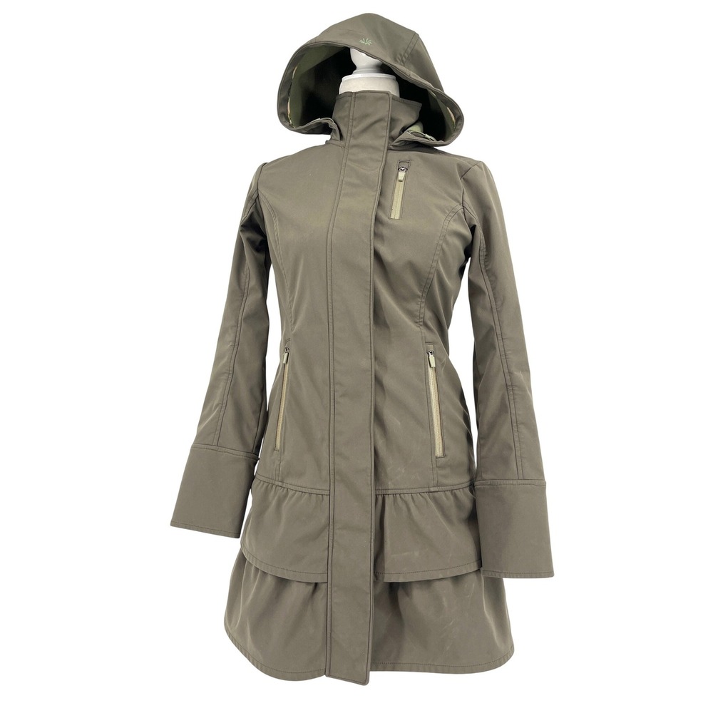 Athleta Renew Khaki Green Hooded Ruffle Tiered Softshell Jacket Womens Size S